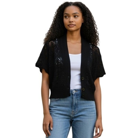 Sag Harbor Black Crochet Knit Short Sleeve Shawl Collar Cardigan Shrug Small - Picture 11 of 11